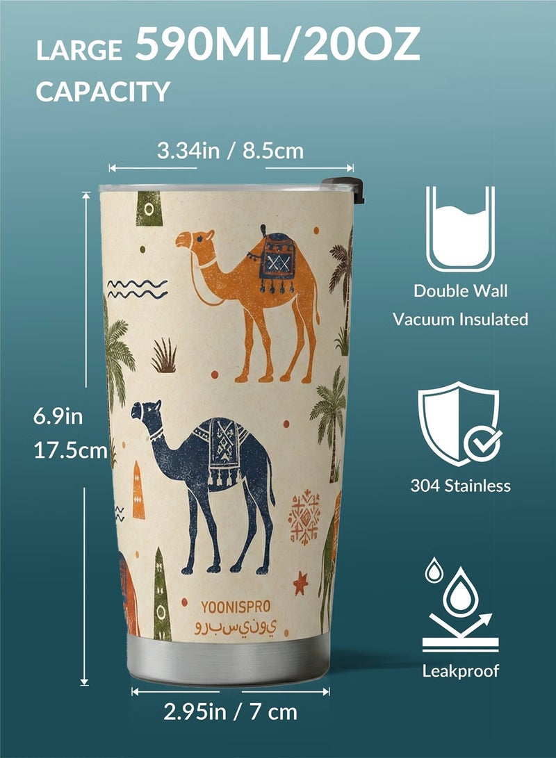 YOONISPRO Travel Coffee Mug 20oz/590ml, 304 Stainless Steel Double-Wall Vacuum Insulated Car Cup with Straw and Brush, Suitable for Iced & Hot Drinks, Light Brown Desert & Camel Design, Ideal Gift - Image 5